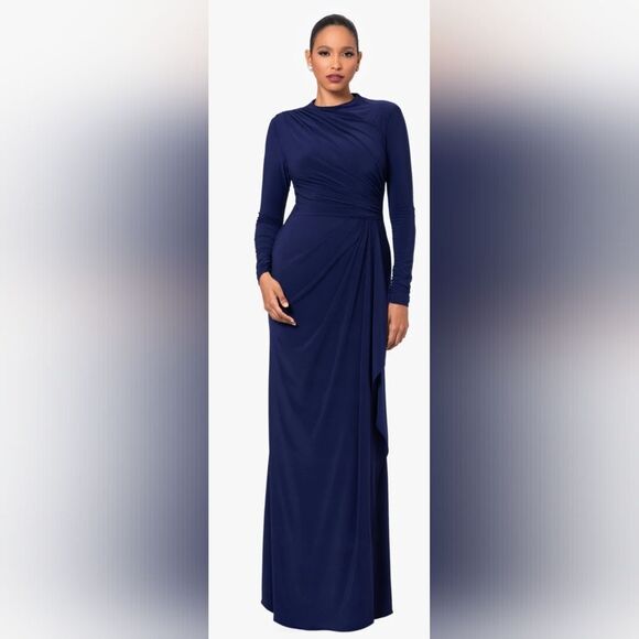 Betsy & Adam Jeanette Long Sleeve Stretch Knit Side Ruffle Dress NWT Sz 12 Blue - Picture 1 of 5